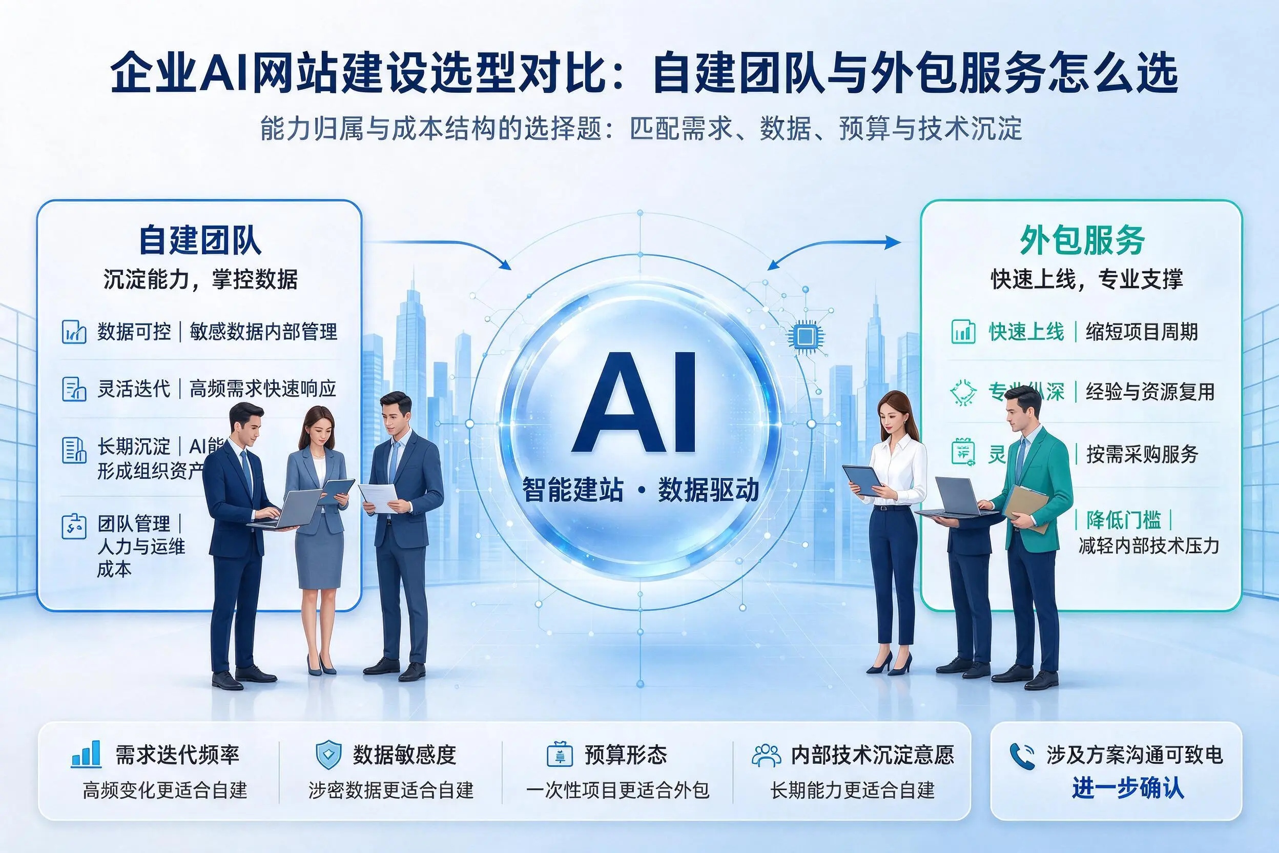 合肥企业AI网站建设选型对比：自建团队与外包服务怎么选